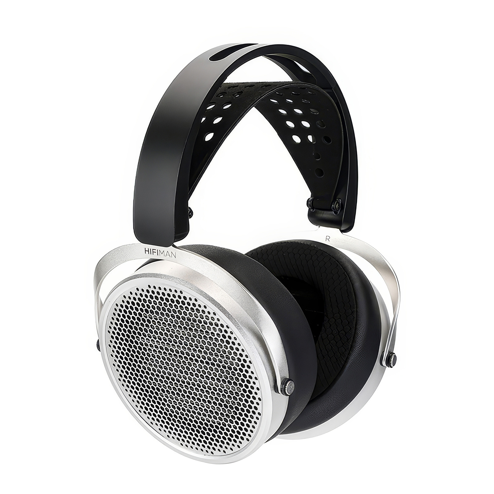 HiFiMAN HE600 open-back planar magnetic headphone front three-quarter view showing honeycomb grille