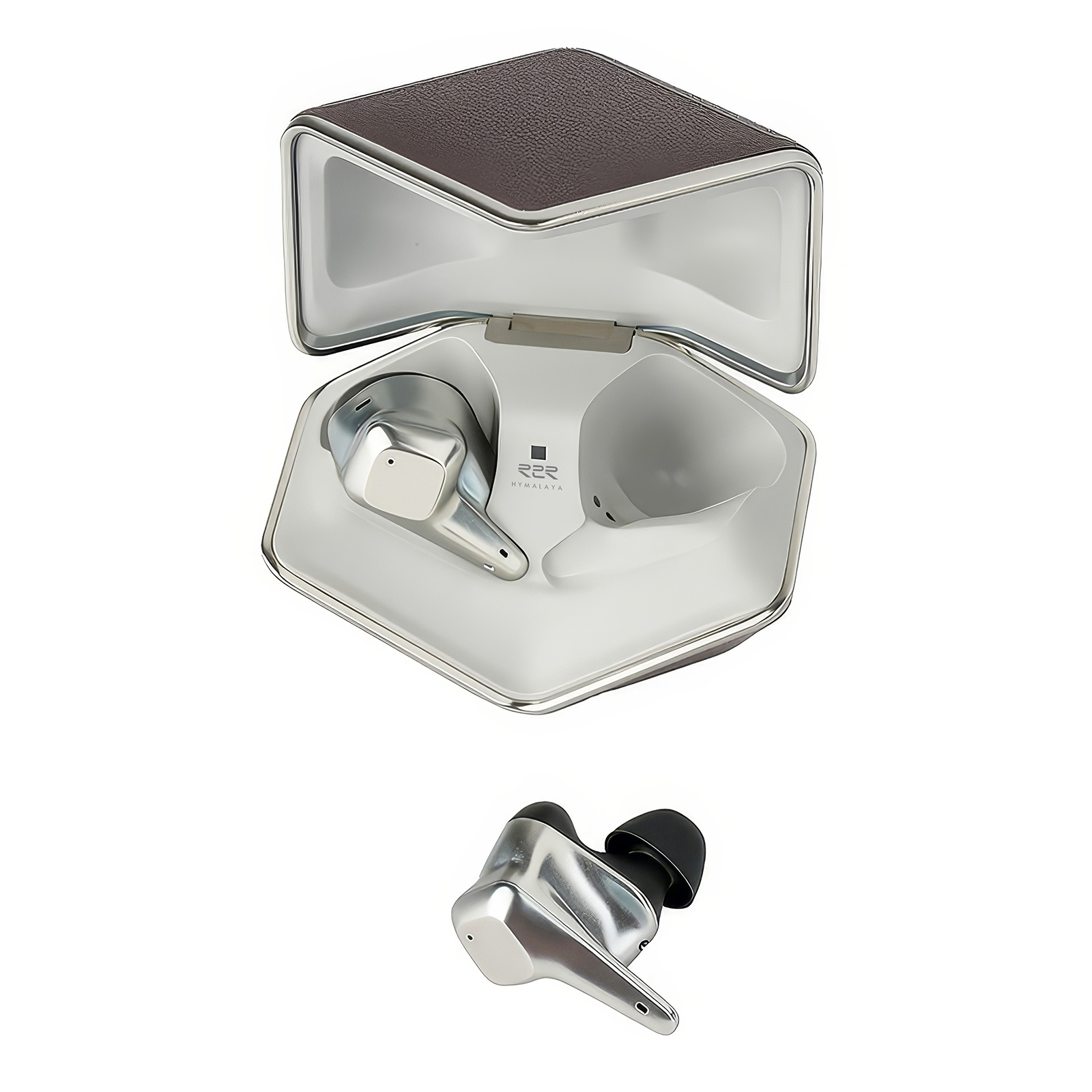 HiFiMAN Svanar Wireless LE earbud close-up showing swan-shaped ergonomic design