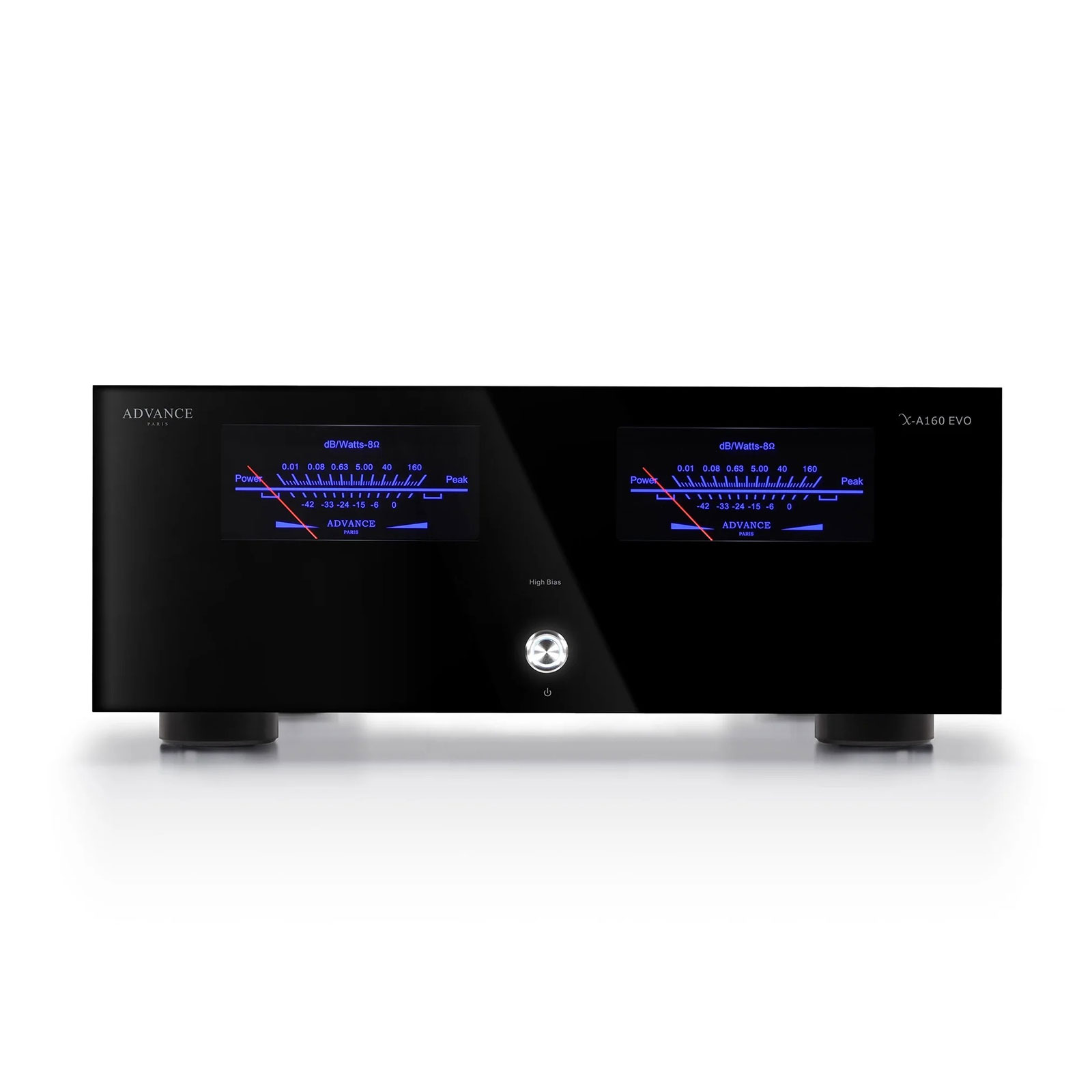  Advance Paris X-A160 EVO stereo power amplifier — front view with illuminated VU meters and black methacrylate panel; rear panel showing RCA and XLR inputs, speaker binding posts