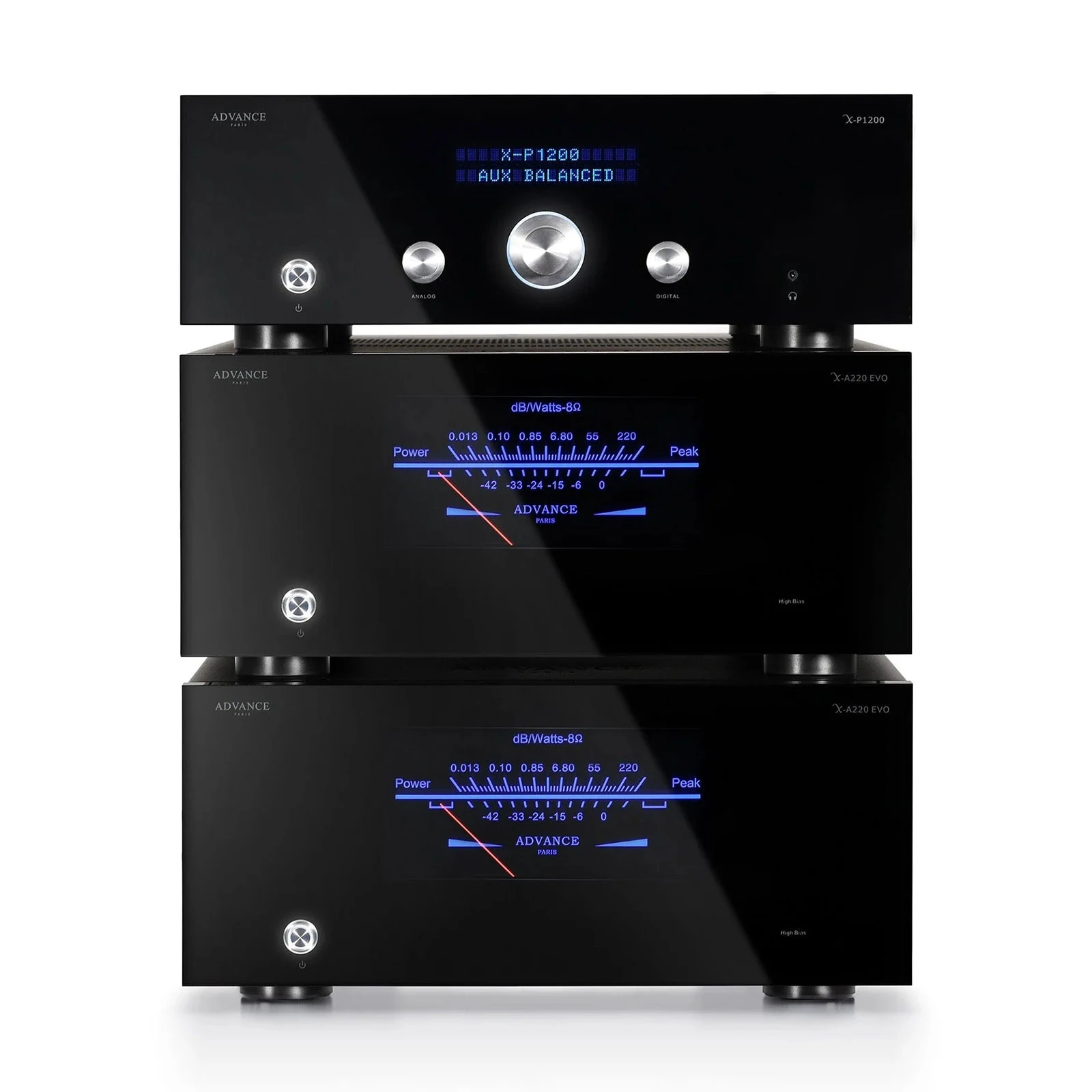 Advance Paris X-A220 EVO monoblock power amplifier — stacked with complementary components