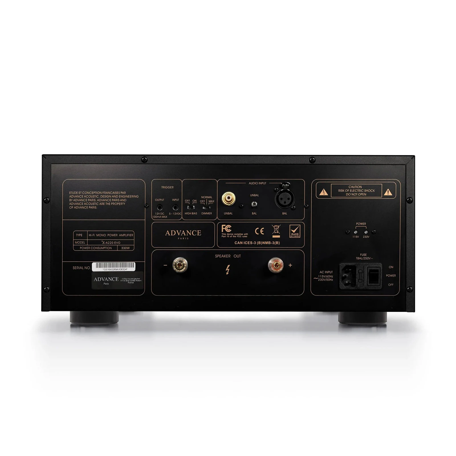 Advance Paris X-A220 EVO monoblock power amplifier — front view with illuminated VU meter and methacrylate panel; rear panel showing RCA and XLR inputs, speaker binding posts