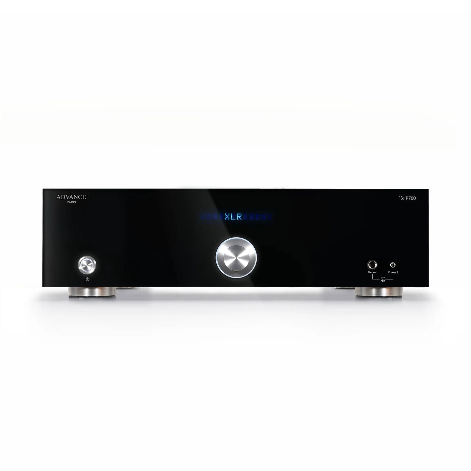 - Advance Paris X-P700 stereo preamplifier — front view showing 10mm black methacrylate panel, single rotary knob, and dual headphone jacks -