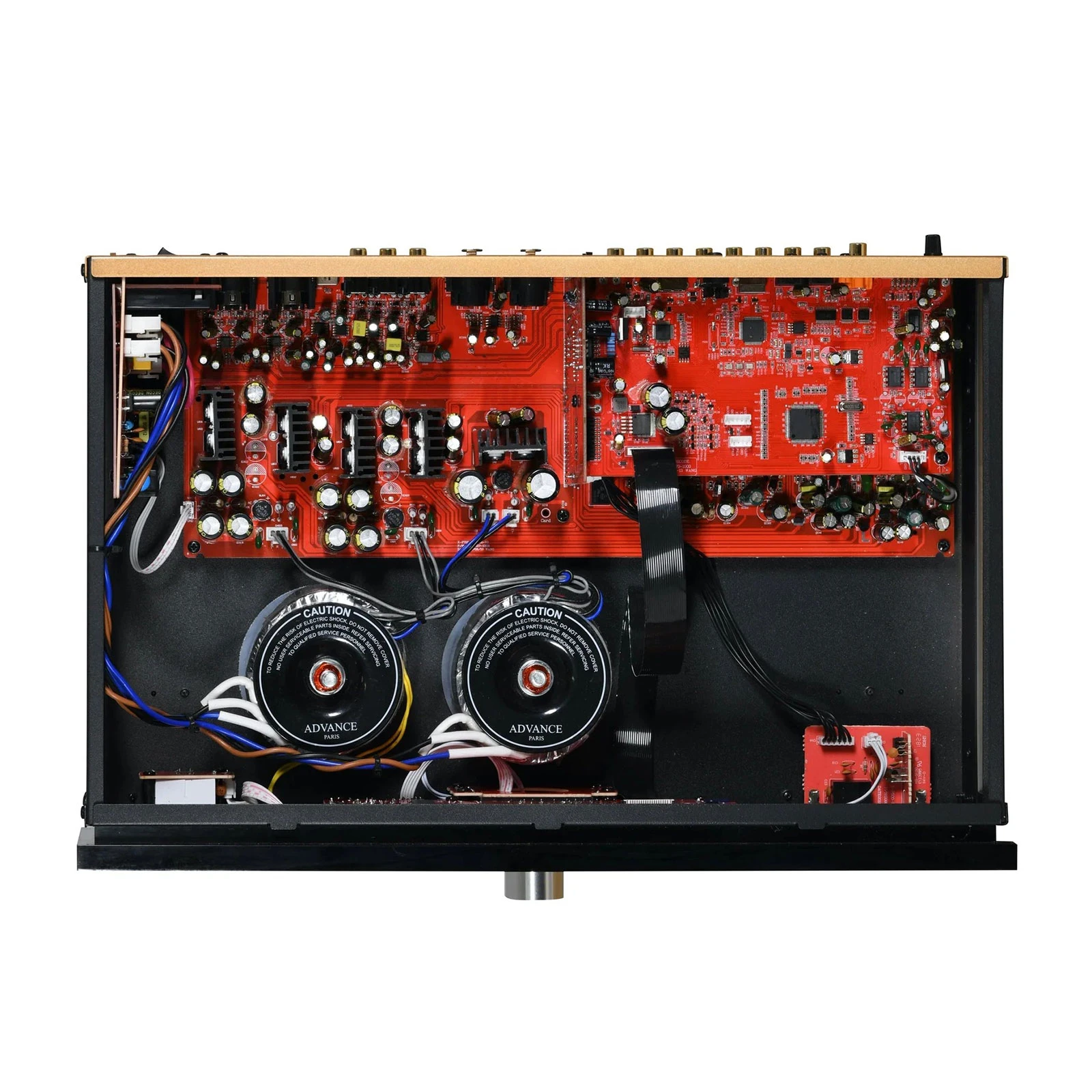 Advance Paris X-P700 preamplifier — interior view showing dual toroidal transformers and dual-mono circuit layout