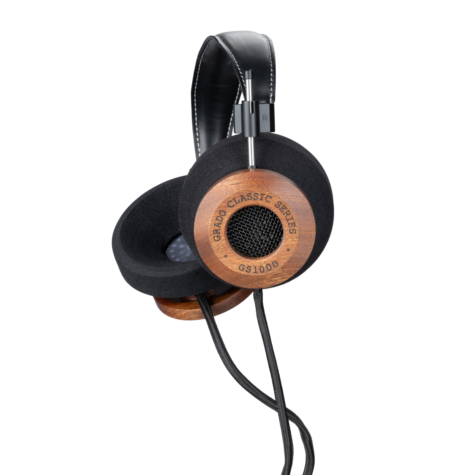 Grado GS1000 Classic headphones — front angle view showing full mahogany housing and oversized G cushions