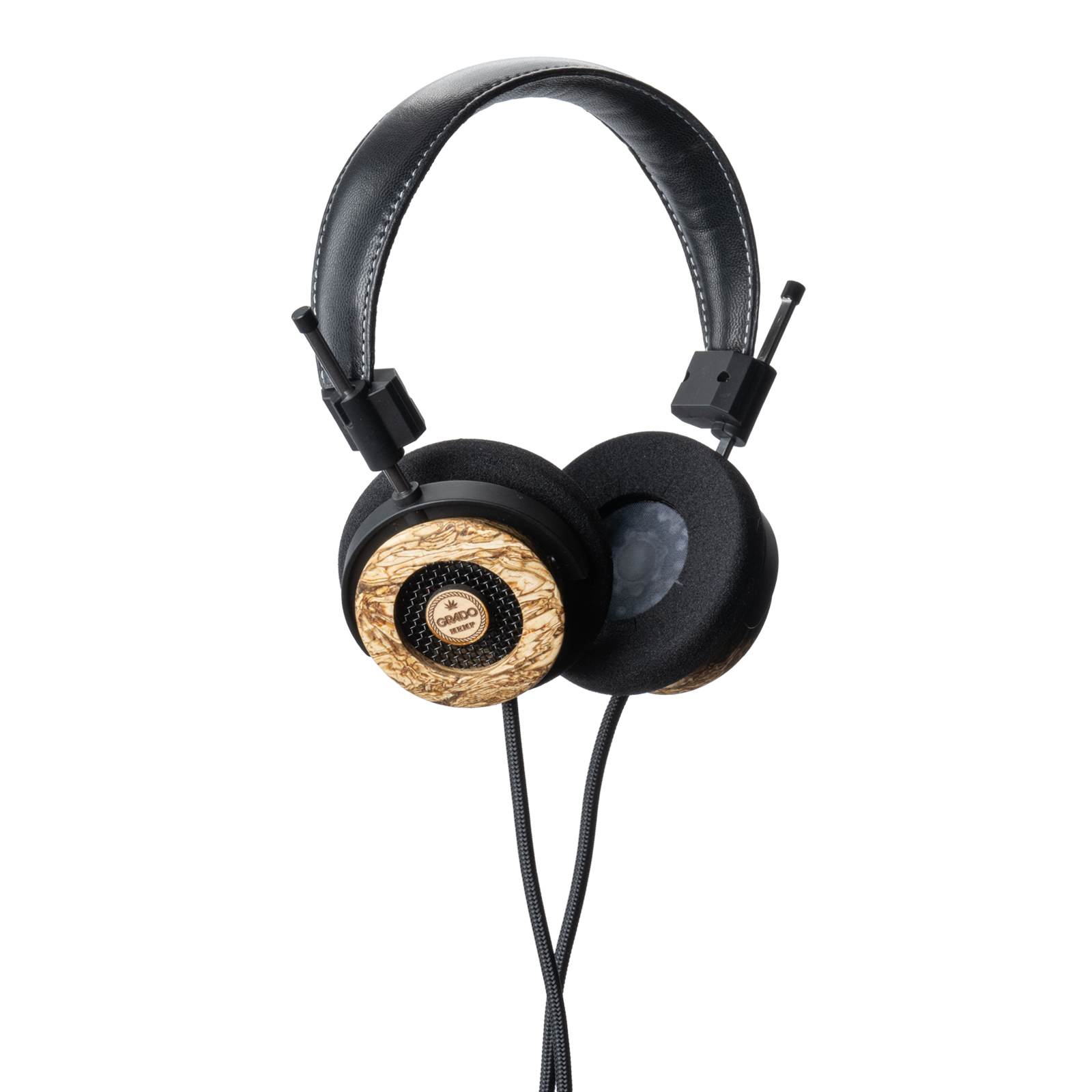 Grado Hemp Classic — side profile showing Signature Silver headband assembly with leather strap and white contrast stitching