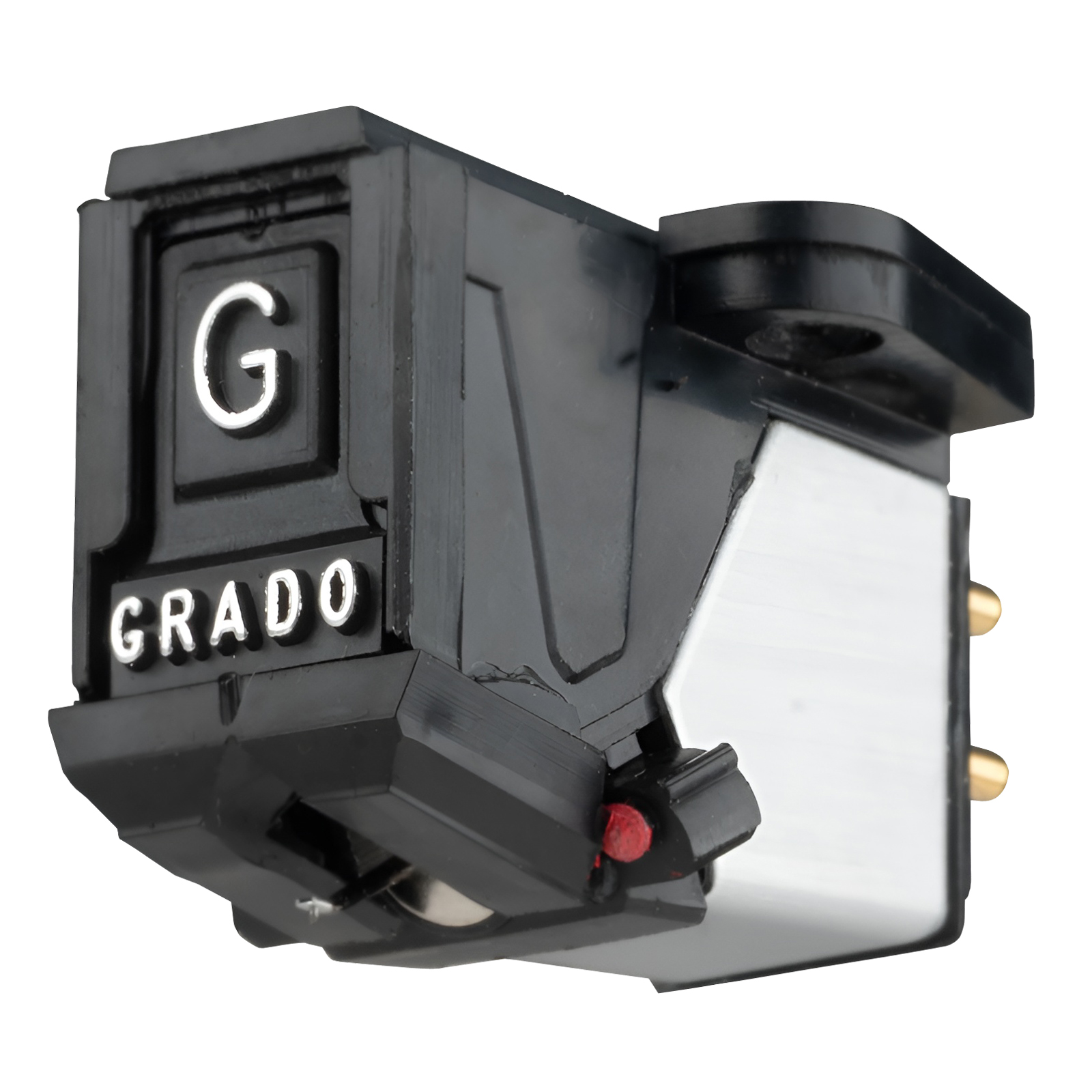 Grado Prestige Red4 P-Mount phono cartridge — angle view showing T4P plug-in body with bonded elliptical diamond stylus
