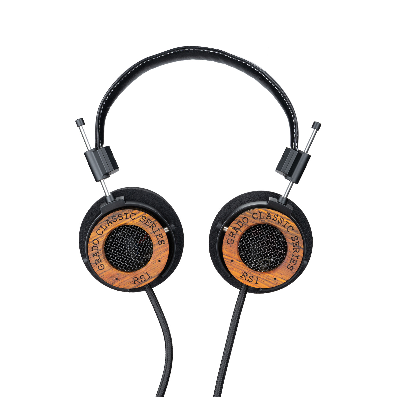 Grado RS1 Classic headphones — front view showing tri-wood cocobolo, hemp, and maple housing with L cushions