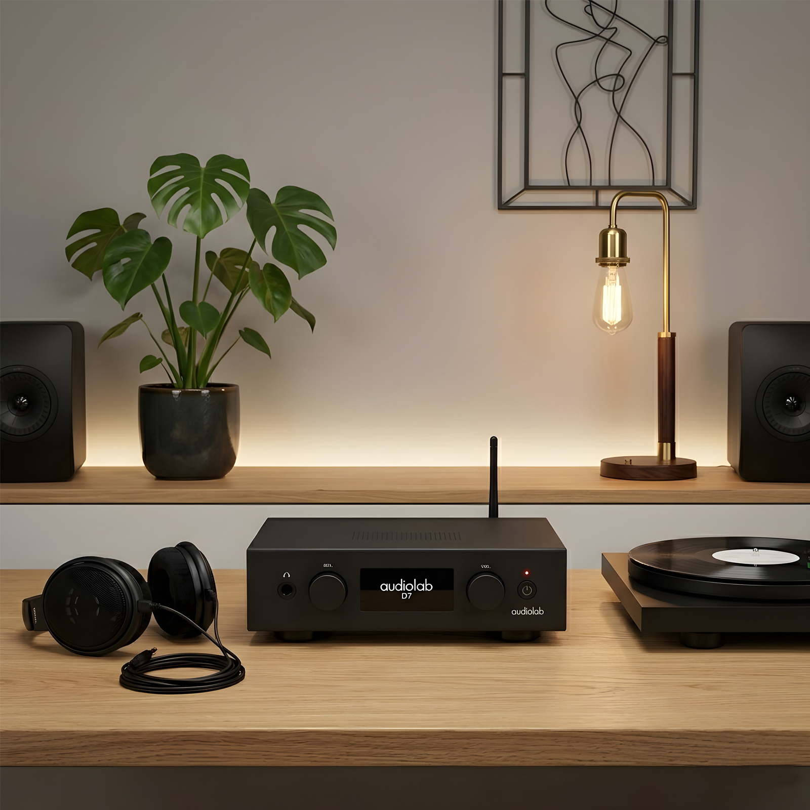 audiolab D7 DAC and Headphone Amplifier  set up on a desk.