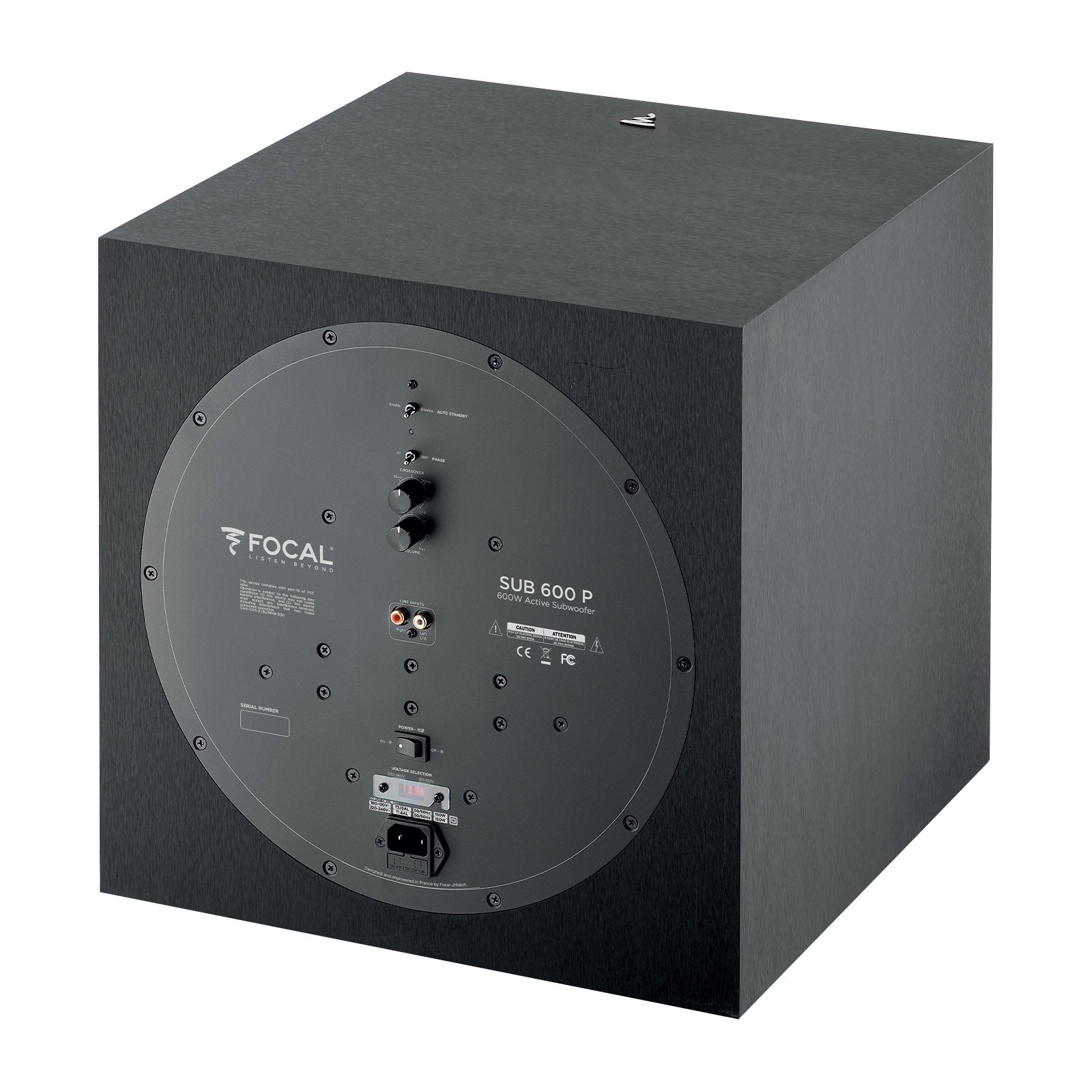 Focal SUB 600P subwoofer rear panel showing crossover controls, phase switch, and RCA inputs