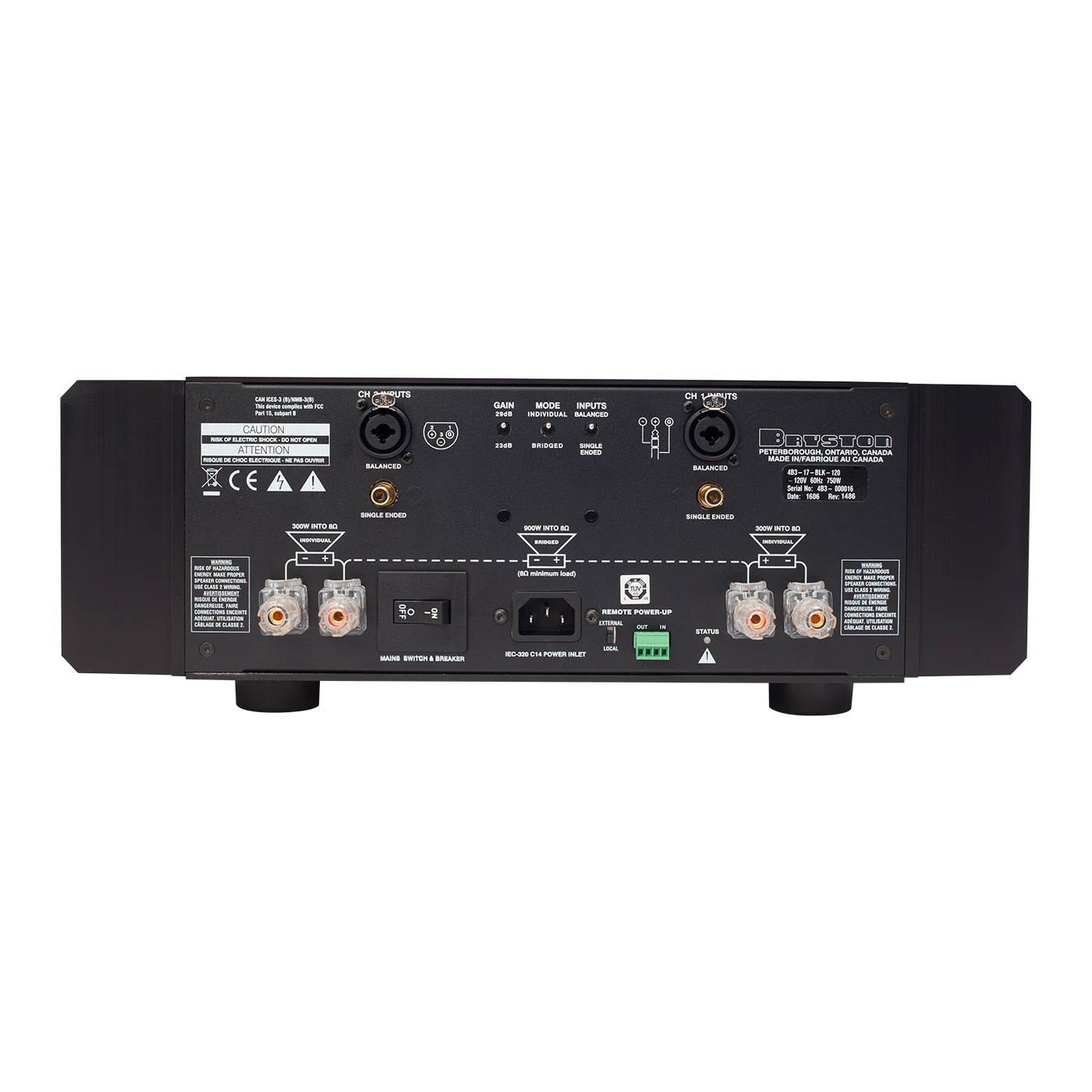 Back of black Bryston 4B³ stereo power amplifier