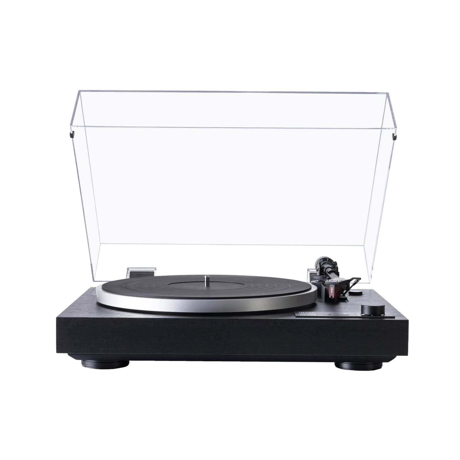Front of Dual CS 429 Fully Automatic 3-Speed Turntable with dustcover up