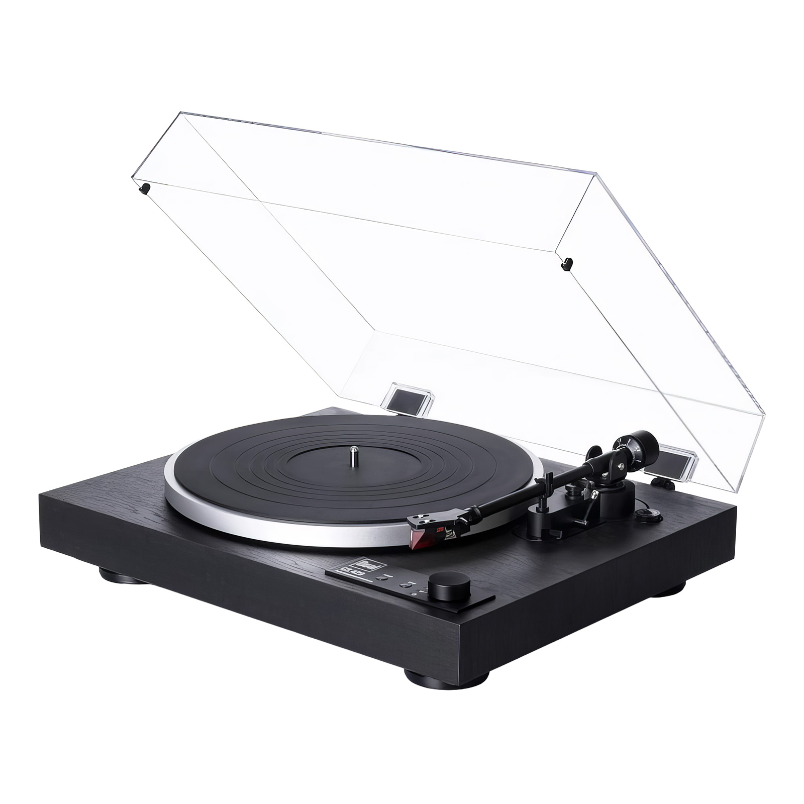 Side of Dual CS 429 Fully Automatic 3-Speed Turntable with dustcover up