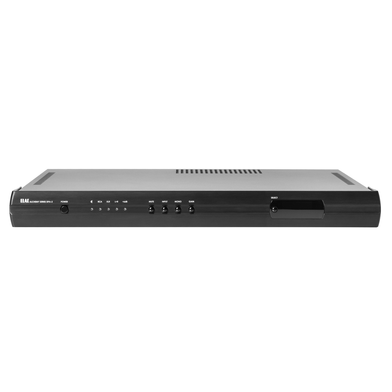 Front of black ELAC Alchemy DPA-2 power amplifier