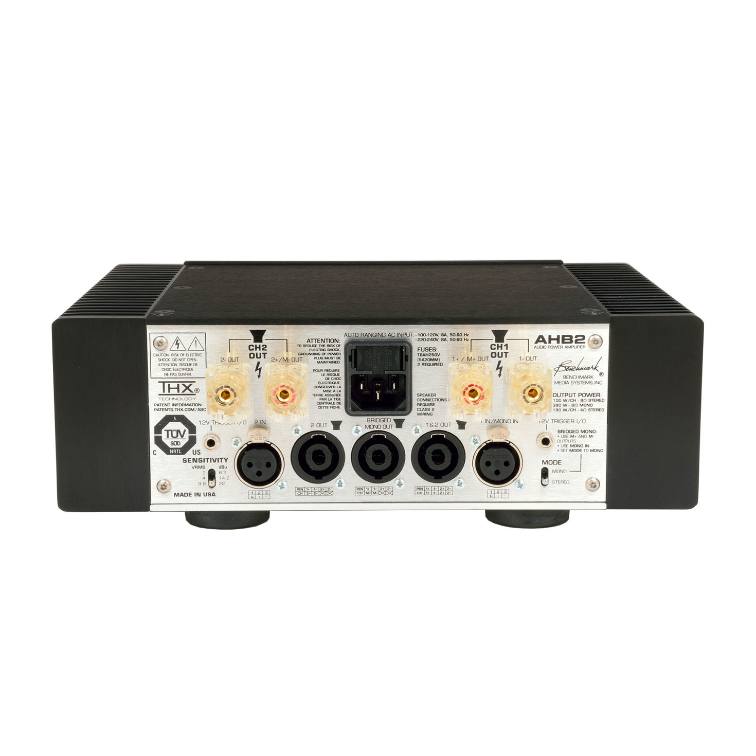 Back of black Benchmark AHB2 power amplifier