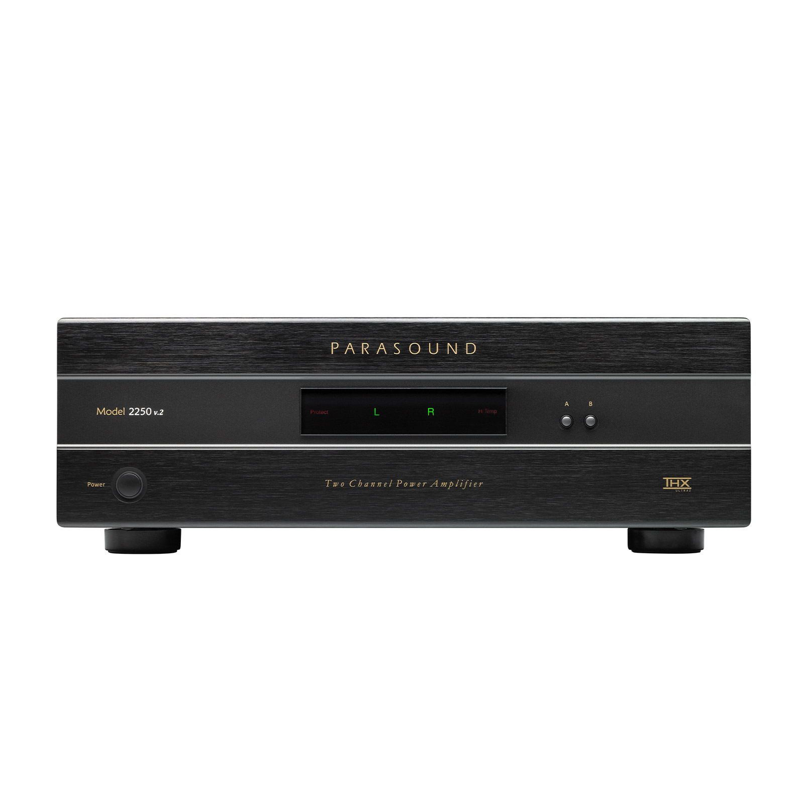 Front of black Parasound NewClassic 2250 v.2 two channel power amplifier