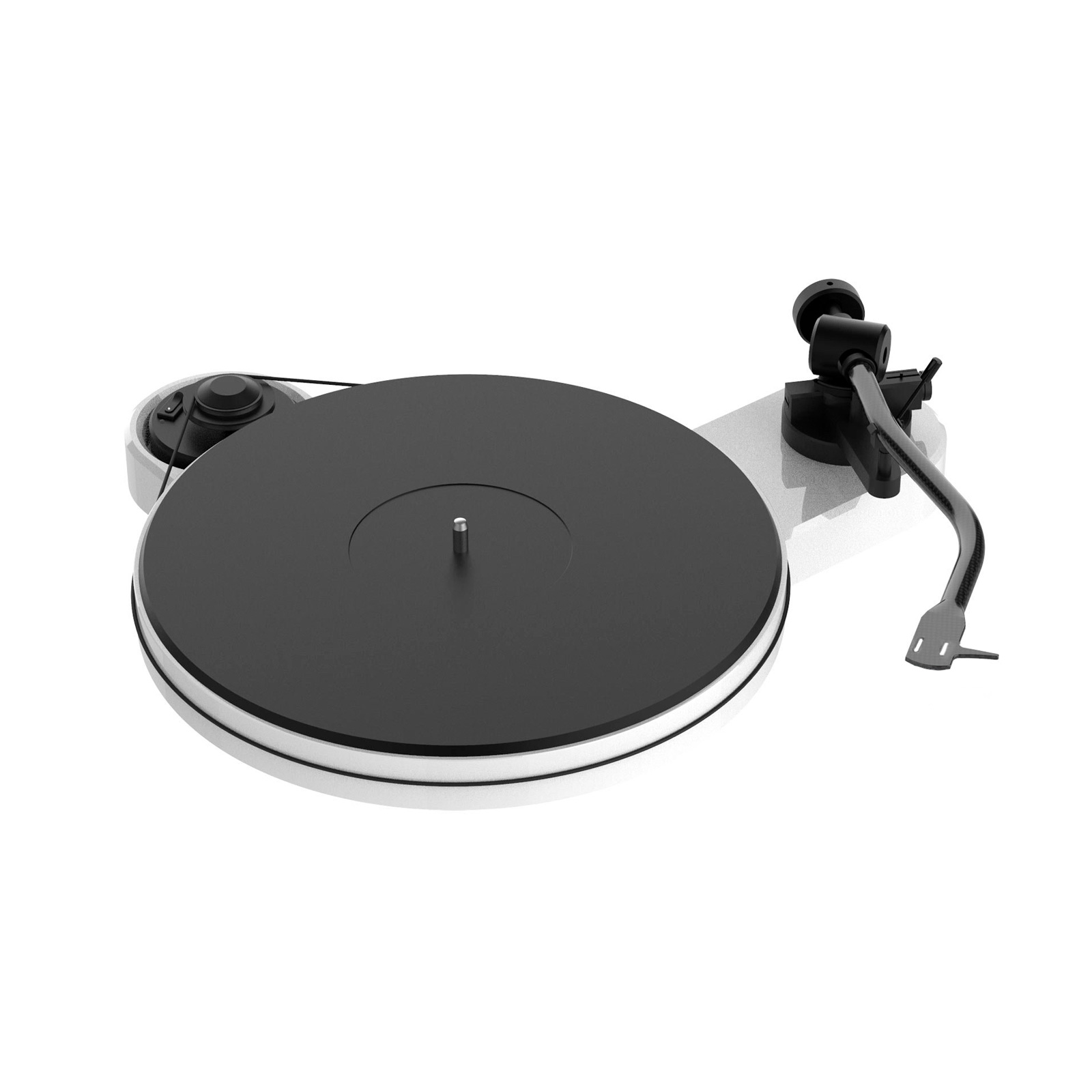 Top angle front view of the Pro-Ject RPM 3 Carbon Turntable in Gloss White