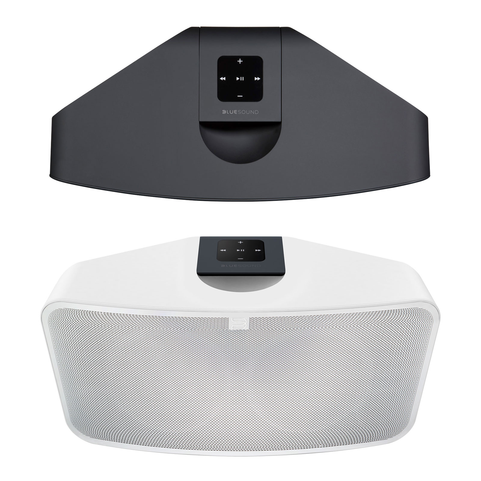 Front angled and top down display of the Bluesound Pulse 2i Music Player with Speakers control panel