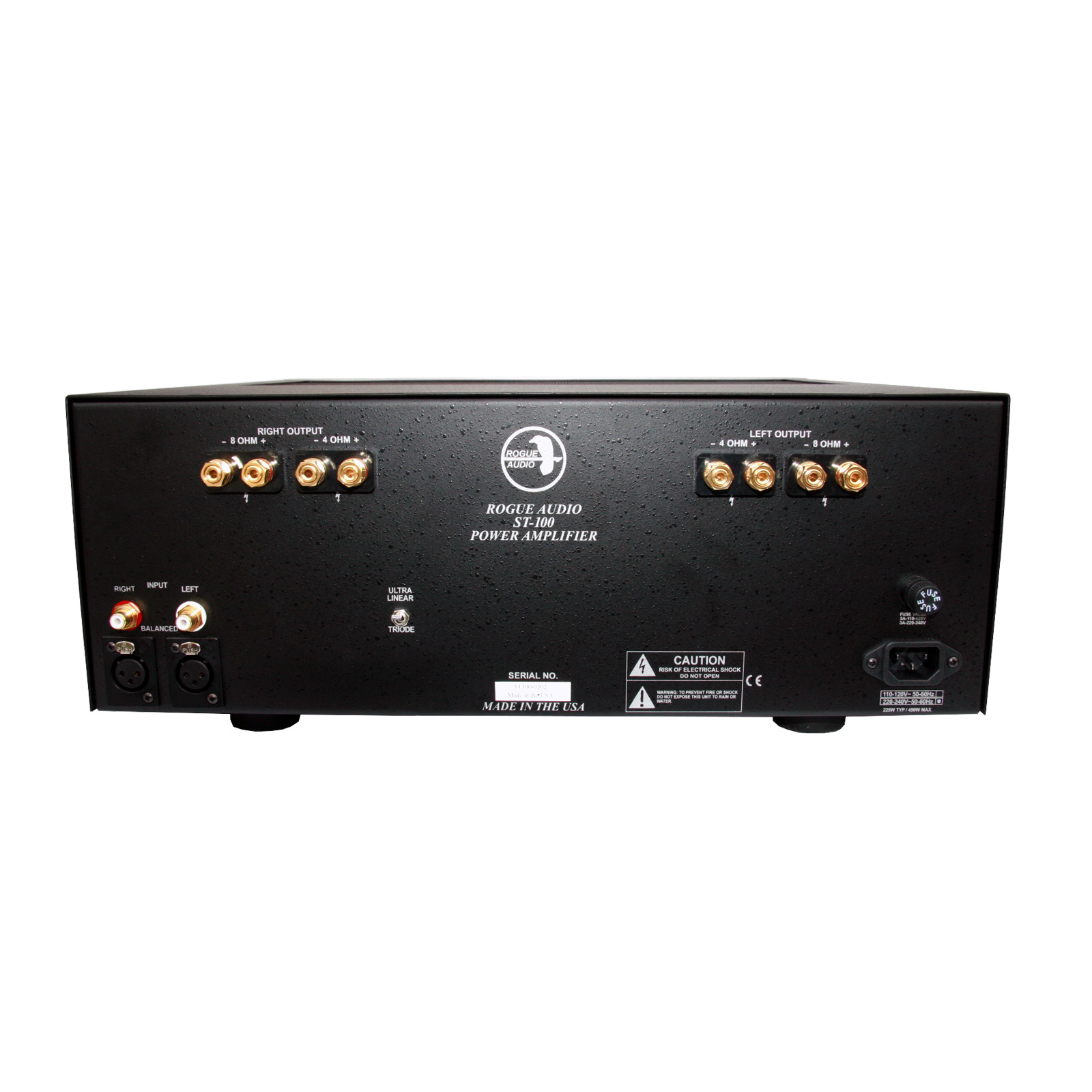 Back of black Rogue Audio Stereo 100 Dark amplifier