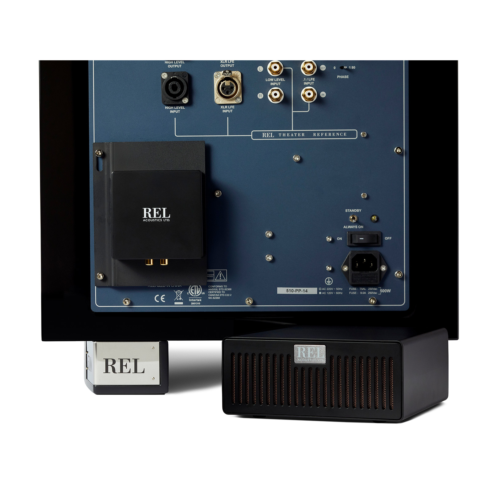 Subwoofer with Receiver and the REL AirShip Wireless Transmitter in Black