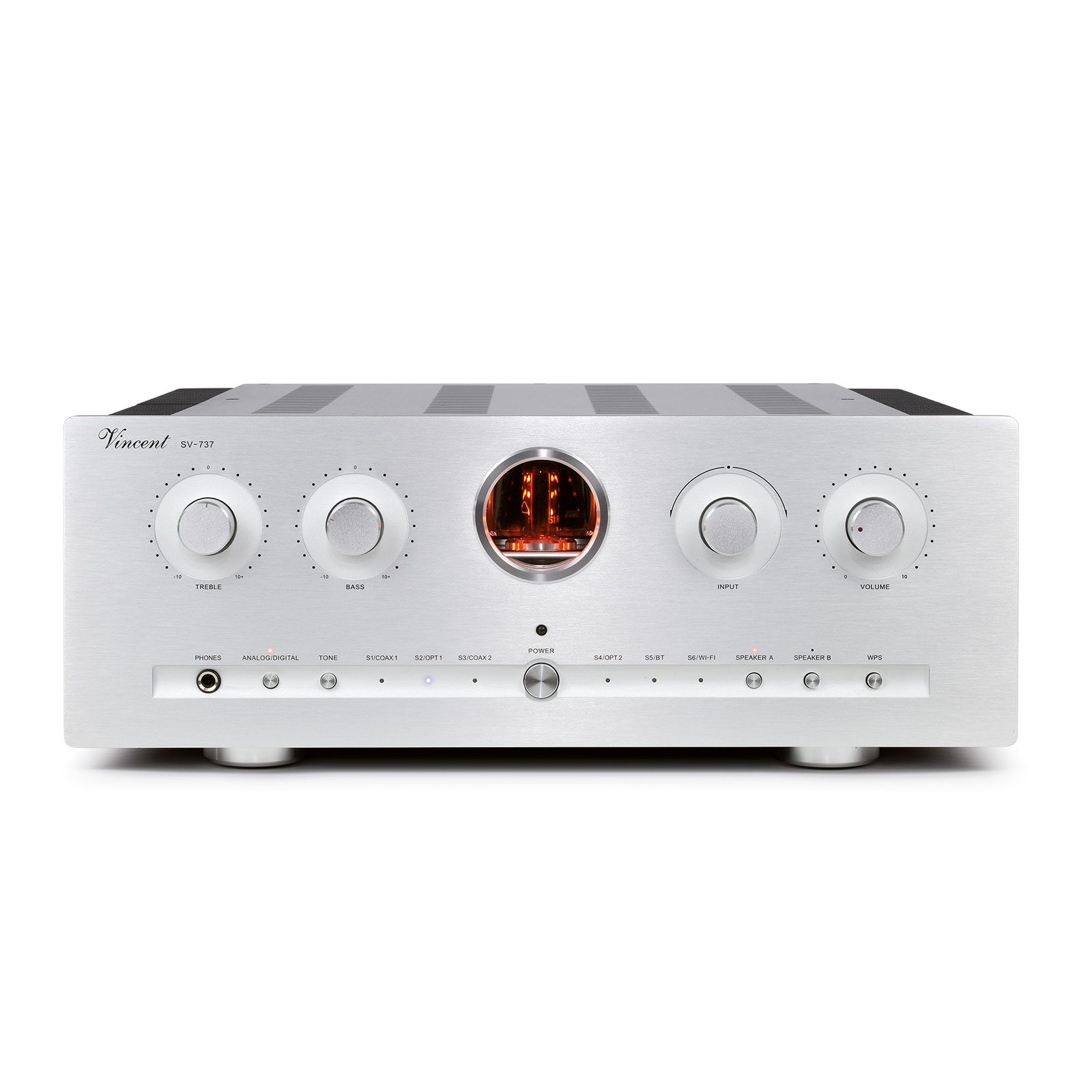Front of Vincent Audio SV-737 Hybrid Stereo Integrated Amplifier Silver