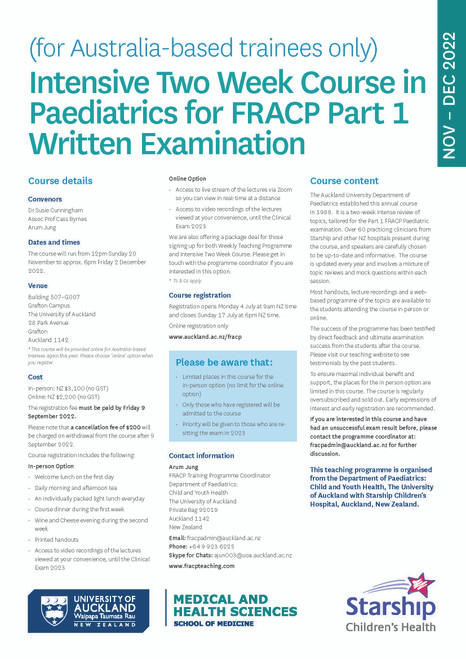FRACP Paed Part 1: Intensive Two Week Course 2022 for Australia-based Trainees FRACP Paed Part 1: Intensive Two Week Course 2022 for Australia-based Trainees
