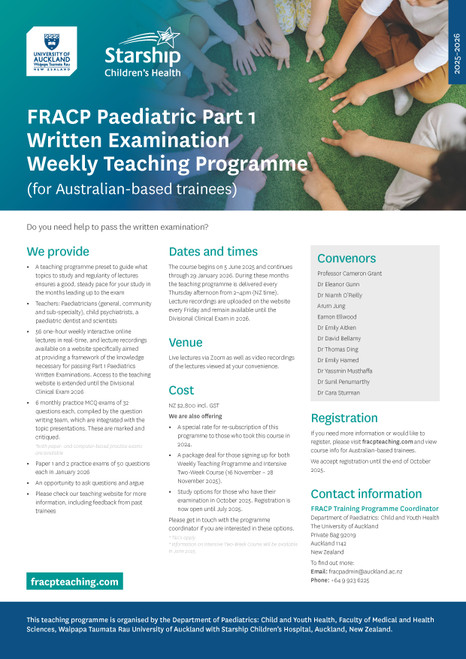 Re-subscription ONLY: FRACP Paediatrics Part 1 Written Examination Weekly Teaching Programme 2025-2026 (for 2026 Feb. exam sitters)