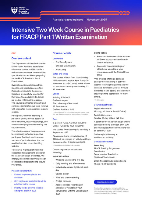 FRACP Paed Part 1 Intensive Two Week Course 2025 - Package Deal ($3,095 or $2,240) FRACP Paed Part 1 Intensive Two Week Course 2025 - Package Deal ($3,095 or $2,240)