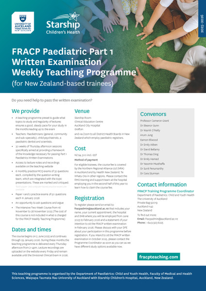 FRACP Paediatric Part 1 Written Examination Weekly Teaching Programme 2025-2026 (for pre-arranged NZ-based trainees only)