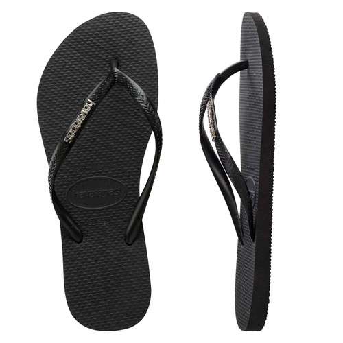 Slim Metal Logo Thongs - Black/Silver