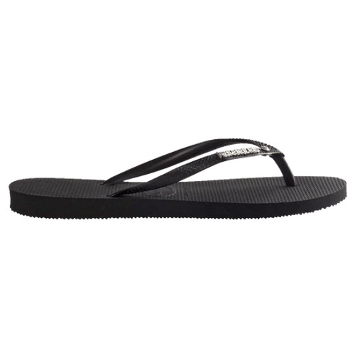 Slim Metal Logo Crystal Thongs - Black Slim Metal Logo Crystal Thongs - Black