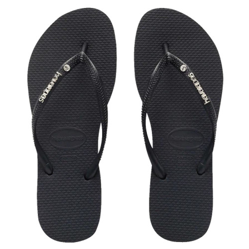 Slim Metal Logo Crystal Thongs - Black Slim Metal Logo Crystal Thongs - Black