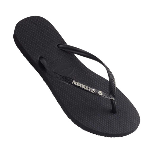 Slim Metal Logo Crystal Thongs - Black Slim Metal Logo Crystal Thongs - Black
