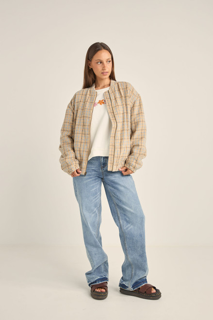 Luca Oversized Check Bomber Jacket - Blue