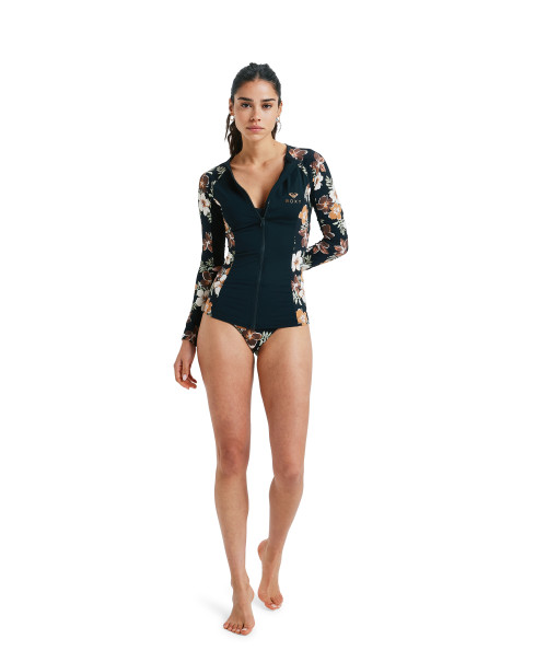 Full Zipped Mix Long Sleeve Rash Vest - Almond Tropical