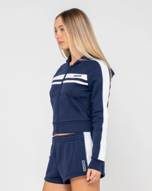 Retro Lines Zip Through Fleece Hoodie - Navy