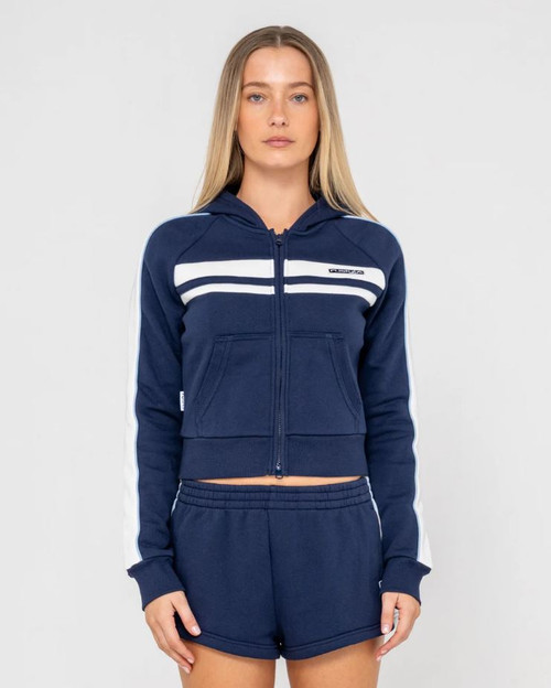 Retro Lines Zip Through Fleece Hoodie - Navy