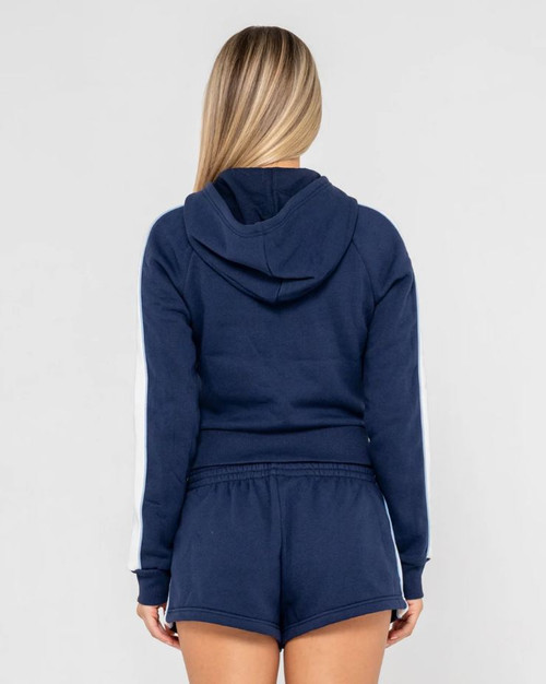 Retro Lines Zip Through Fleece Hoodie - Navy