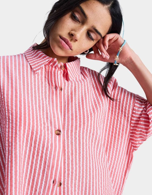 Beachy Short Sleeve Shirt - Hibiscus Sunrise Stripe