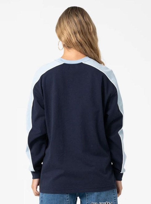 Fine Line Contrast Long Sleeve Tee - Navy Blue