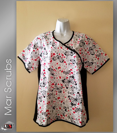 Mar Scrubs Printed Butterfly Black Side Mock Wrap Top