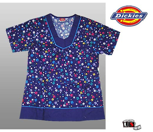 Dickies Modified V-Neck Top Contrast Neckline - Blue / Flowers