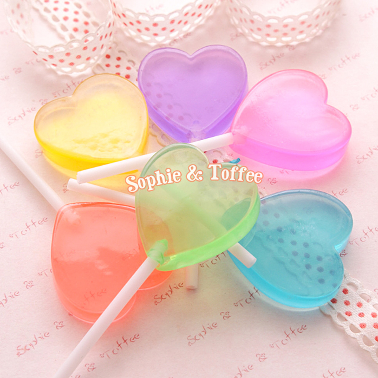 Fake Heart Candy Lollipops Decoration Clear 35mm 6 Pieces
