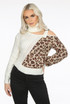 Contrast Animal Print Cut Out High Neck Knitted Jumper