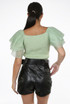Frill Layer Ribbed Top Off The Shoulder