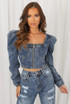 Front Zip Up Pleated Shoulder Denim Jacket