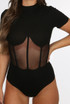 Netted Trim High Neck Ribbed Bodysuit