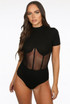 Netted Trim High Neck Ribbed Bodysuit