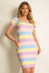 Rainbow Print Wide Neck Ribbed Midi Dress