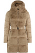 Belted Faux Fur Trim Midi Puffer Coat