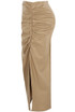 Ruched Side Slit PU Midi Skirt